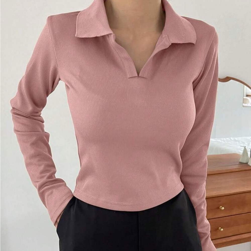 Pink Fitted Ribbed Polo Long Sleeve Tee
